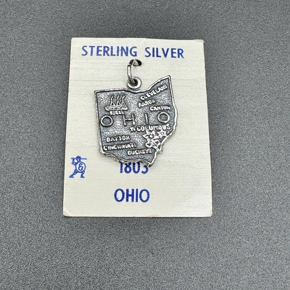 Vintage Sterling Silver Ohio‎ State Map Charm 1803 Travel Souvenir Pendant 925
